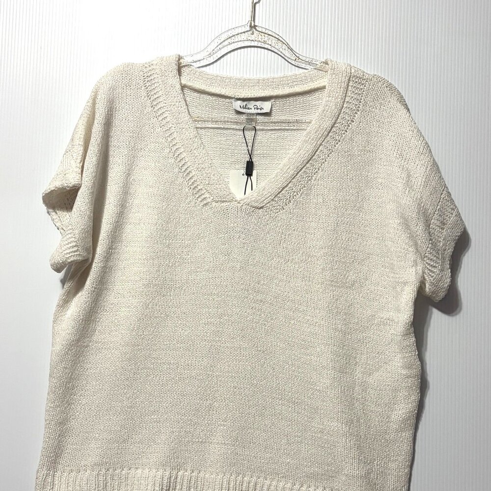 Melissa Paige V-Neck Sweater XL Snow White Knit Short Sleeve Boxy Oversized Chic - Picture 2 of 7